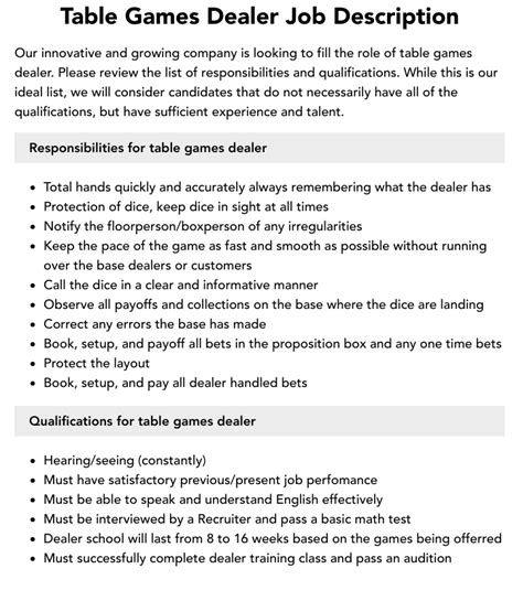 Table Games Dealer Job Description .